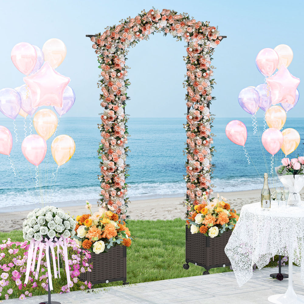 Garden arch trellis with floral decor and self-watering planter boxes, perfect for weddings or garden parties by the.