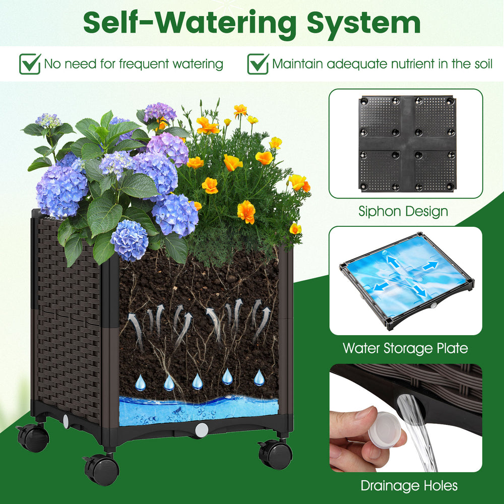 Self-watering planter box with vibrant flowers, featuring drainage holes and wheels for easy movement and irrigation.