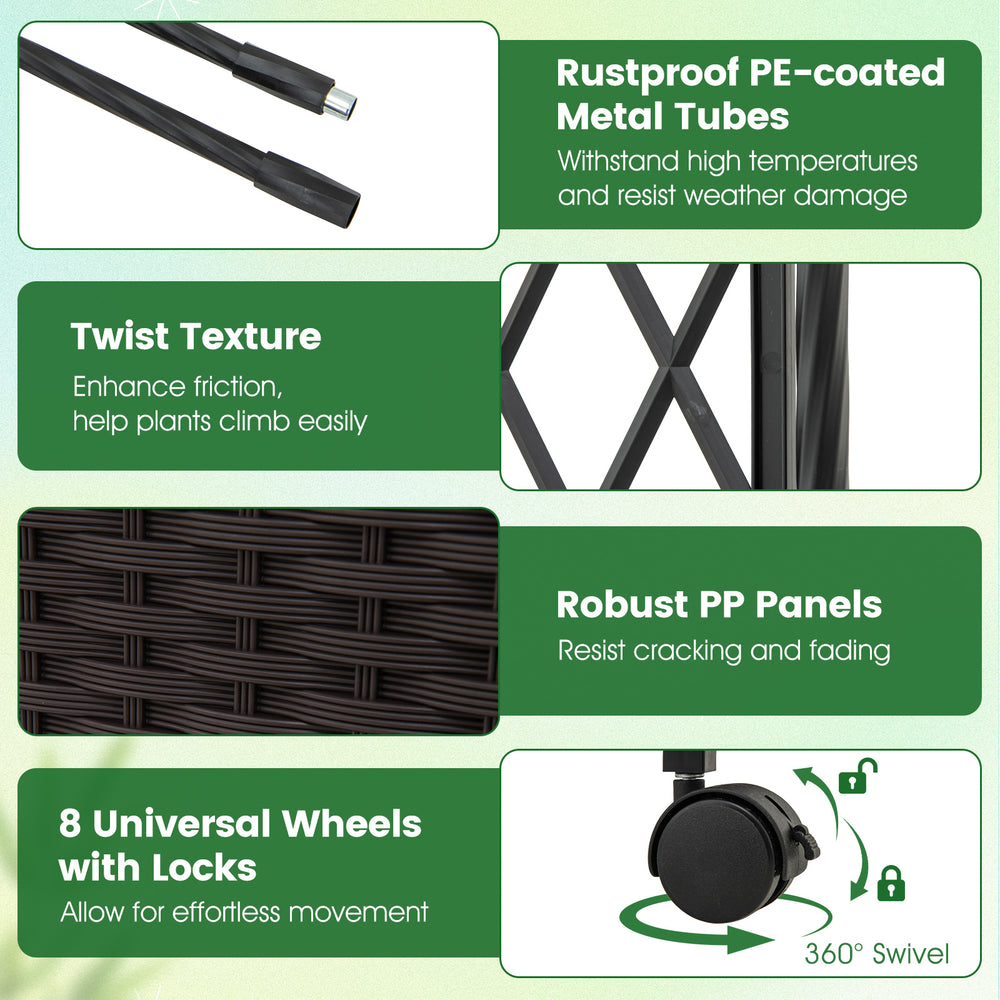 Garden arch trellis with self-watering planter boxes, black PE-coated metal, 360° swivel wheels for easy movement.