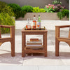 2-tier outdoor side table made of solid wood with a smooth finish, perfect for patio storage and decoration.