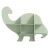 Dinosaur-shaped bookshelf in soft green, featuring multiple shelves for books and toys, perfect for kids' rooms.