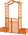 Garden arbor with gate and two planter boxes in rustic fir wood, perfect for climbing plants and outdoor decor.