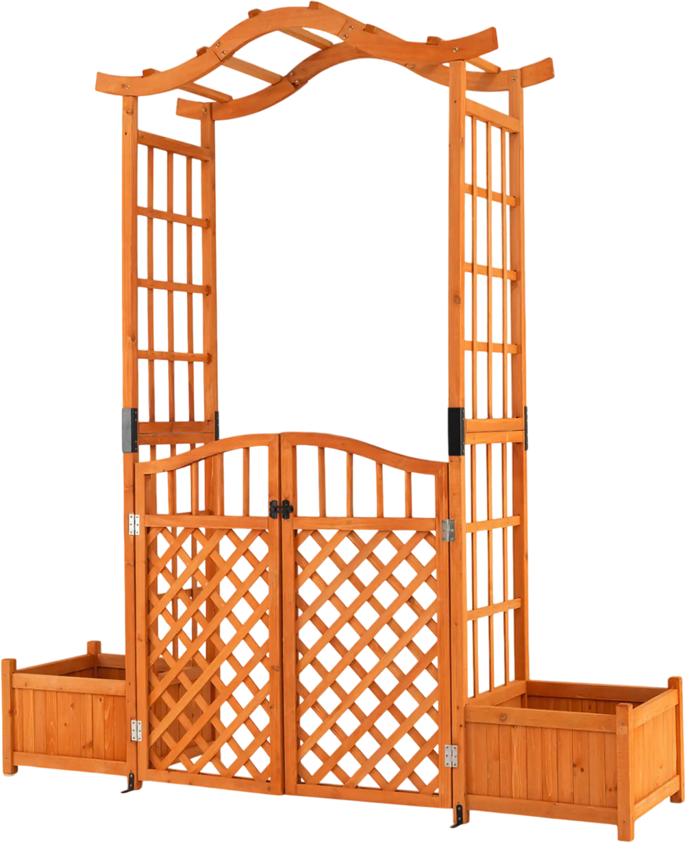Garden arbor with gate and two planter boxes in rustic fir wood, perfect for climbing plants and outdoor decor.