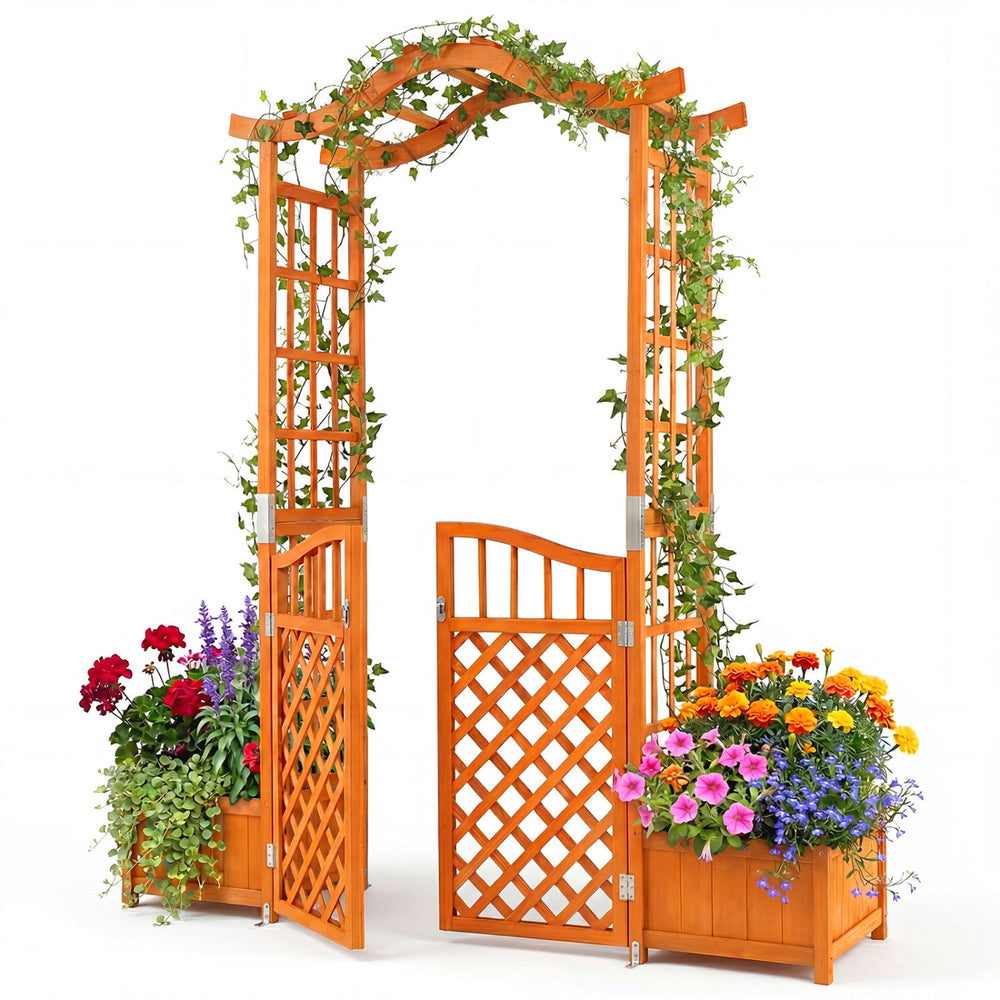 Garden arbor with gate and two planter boxes in rustic fir wood, ideal for climbing plants and outdoor decorations.