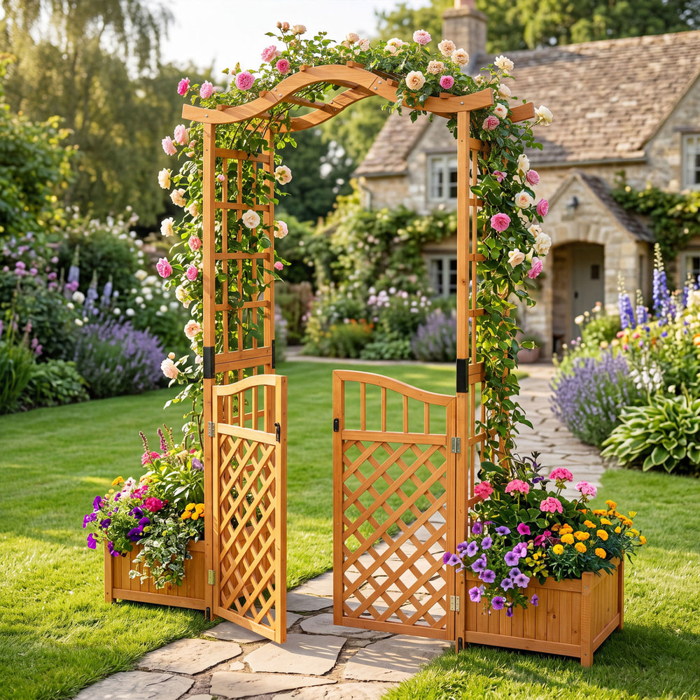 Garden arbor with gate and two planter boxes in rustic fir wood, perfect for climbing plants and outdoor decorations.