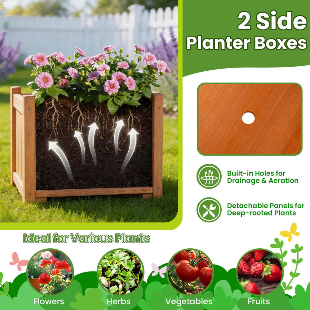 Two side planter boxes made of fir wood with drainage holes, ideal for flowers and herbs, enhancing outdoor charm.
