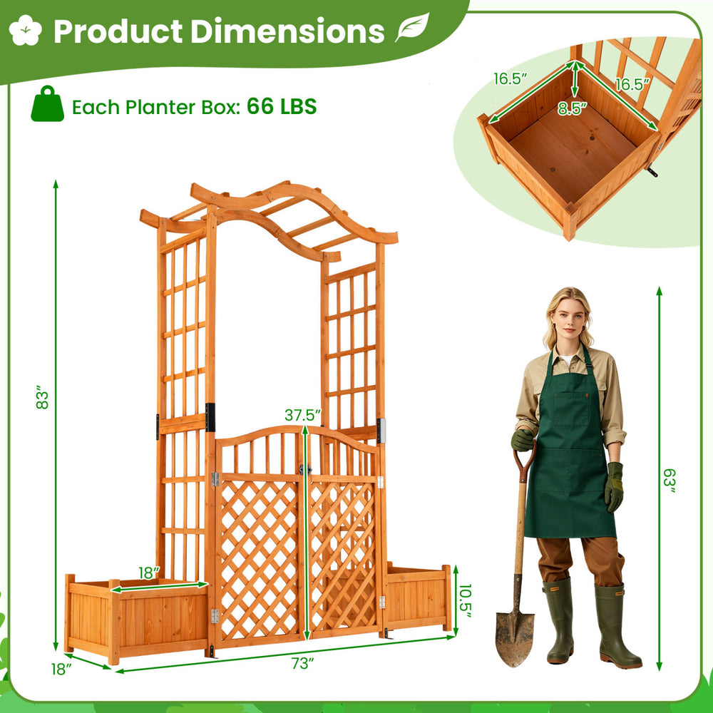 Garden arbor with gate and two planter boxes, made of fir wood, featuring a rustic finish and elegant curved roof.