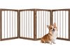 Four-panel brown wooden dog gate, 83 inches long and 30 inches high, ideal for indoor pet containment and room division.