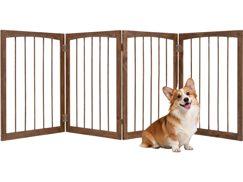 Four-panel brown wooden dog gate, 83 inches long and 30 inches high, ideal for indoor pet containment and room division.