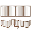 4-panel brown wooden dog gate measuring 83 inches wide and 30 inches high, ideal for indoor pet containment and room division.