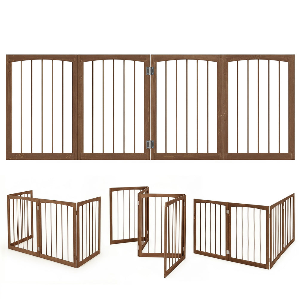 4-panel brown wooden dog gate measuring 83 inches wide and 30 inches high, ideal for indoor pet containment and room division.