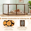 4-panel brown dog gate made of natural fir wood, featuring flexible metal hinges for versatile indoor pet containment.