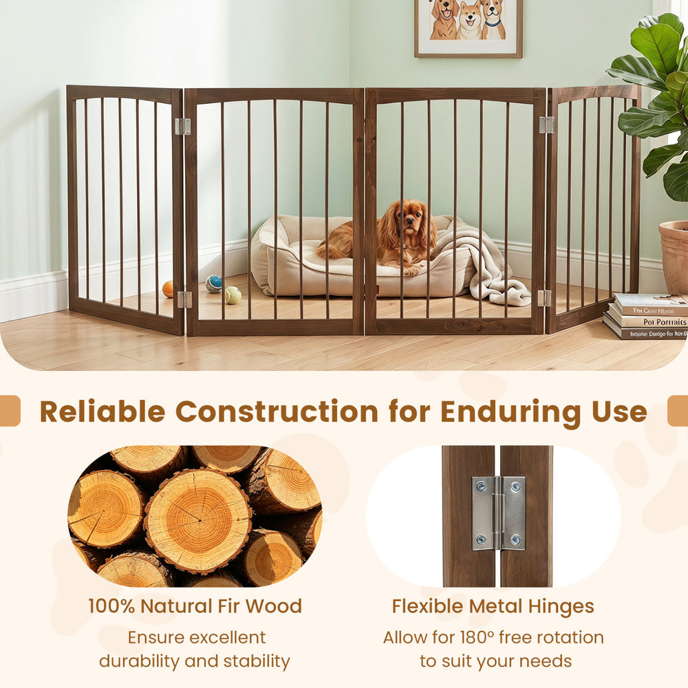 4-panel brown dog gate made of natural fir wood, featuring flexible metal hinges for versatile indoor pet containment.