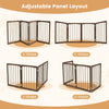 Adjustable 4-panel wooden pet fence in brown, ideal for indoor use and flexible layouts like Z, C, L, and U shapes.