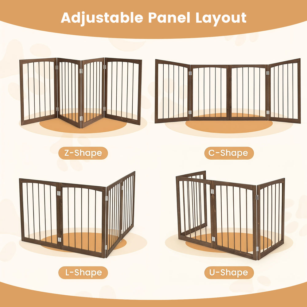 Adjustable 4-panel wooden pet fence in brown, ideal for indoor use and flexible layouts like Z, C, L, and U shapes.