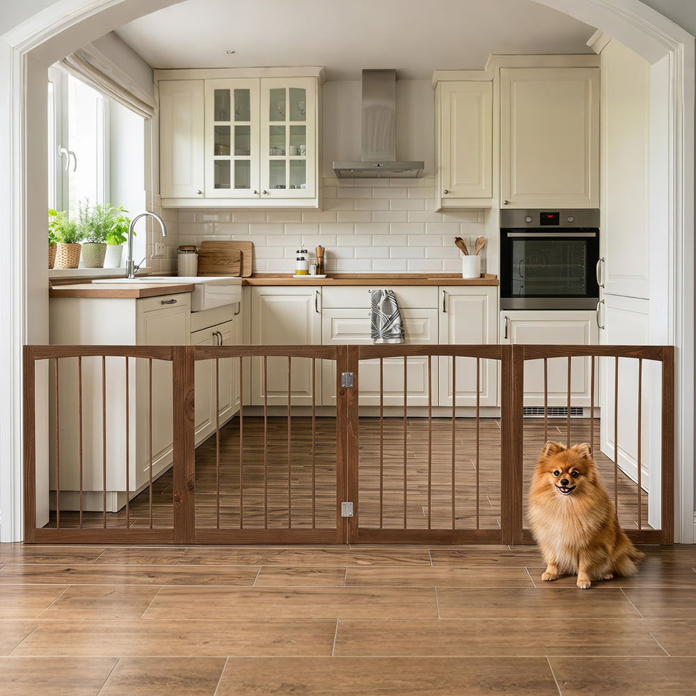 4-panel brown wooden dog gate, 83 inches long and 30 inches high, perfect for indoor pet containment in various spaces.
