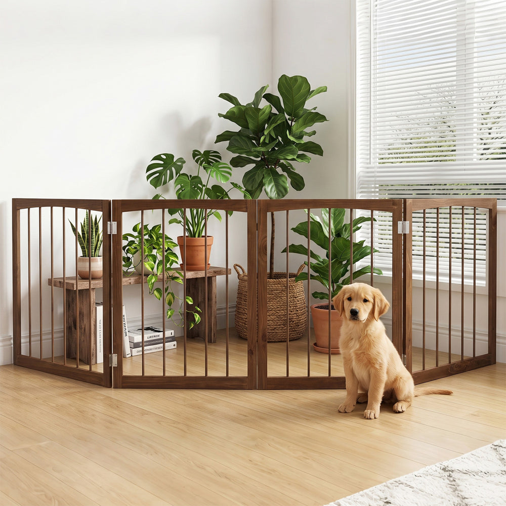 83 inch L x 30 inch H Dog Gate 4-Panel Wooden Pet Fence for Indoor-Brown - Gallery View 1 of 10