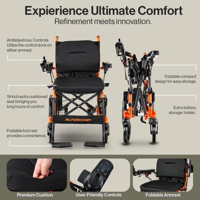 Super Handy GUT166 Foldable Electric Wheelchair Zero Turn 48V 2Ah 250W Dual Motor 4 Mile Range 330 Lbs Max Weight New