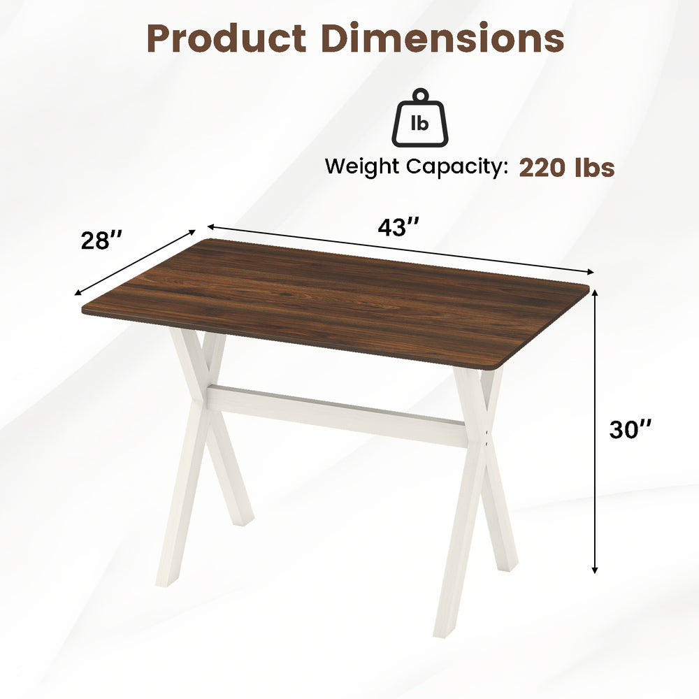 Modern dining table dimensions with a spacious wood grain surface, sturdy rubber wood frame, and X-shaped design.