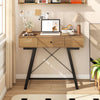 Rustic brown vanity desk with flip top mirror, featuring a drawer and compartments for storage, perfect for grooming or.