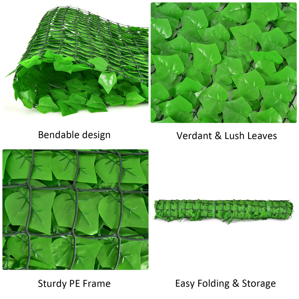 Artificial ivy privacy fence with lush leaves, sturdy PE frame, and bendable design for easy installation and storage.
