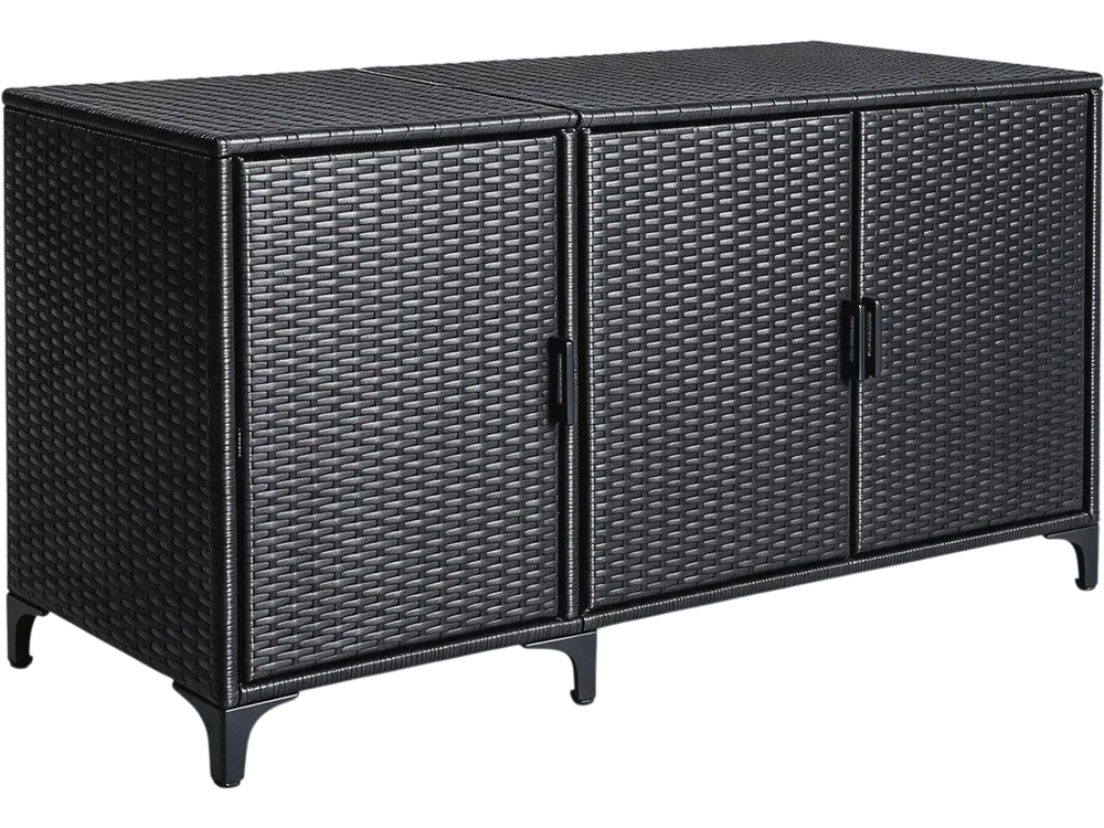 Black 84-gallon patio wicker deck box features three doors, removable shelves, and a stylish design for outdoor storage.