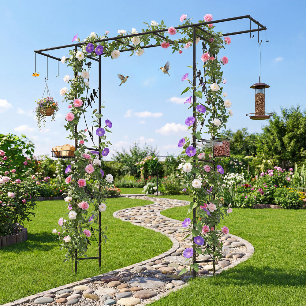 Garden arbor with 7 multifunctional hooks, water bowl, and trellises for climbing plants, ideal for outdoor spaces.