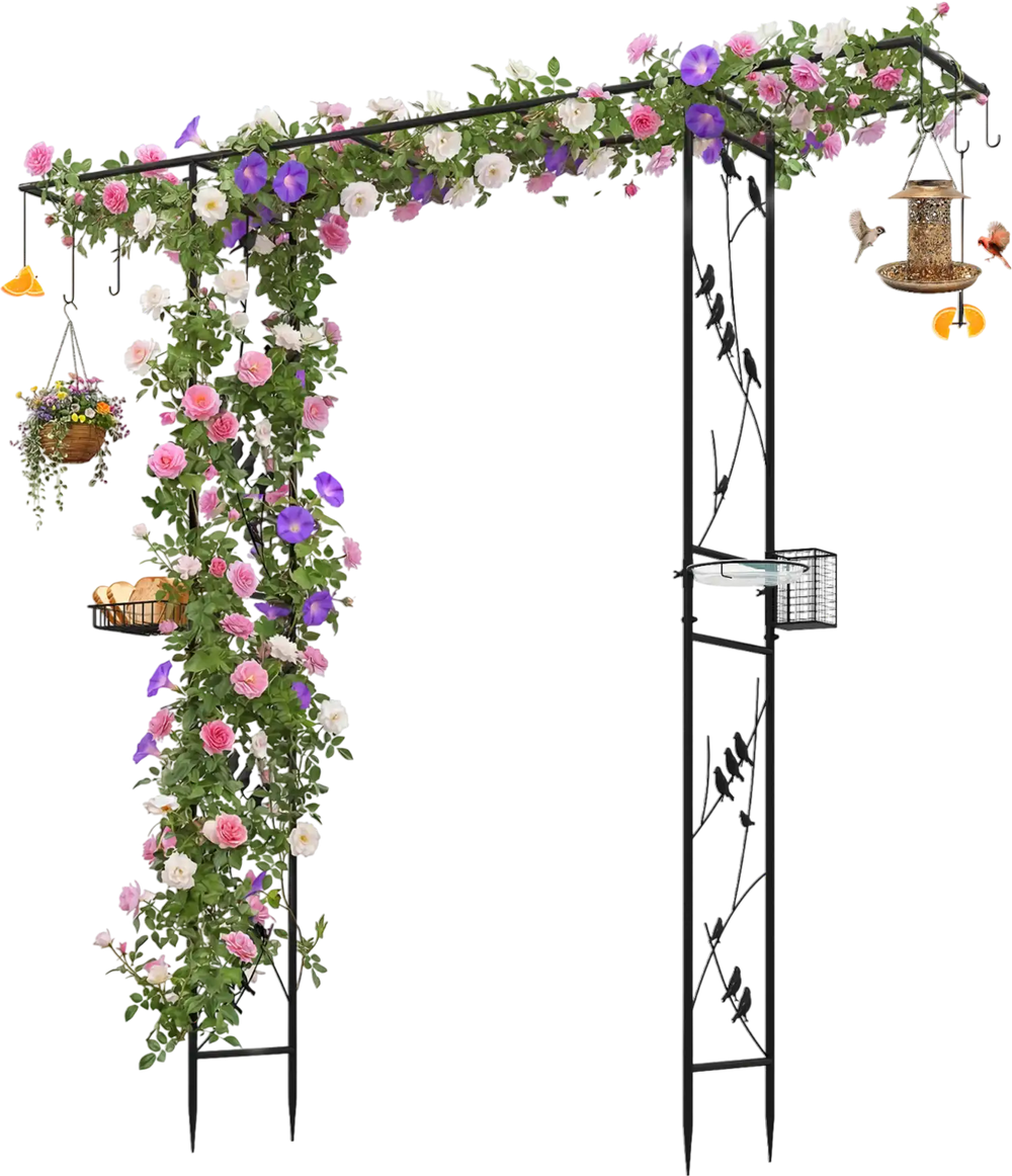 Garden arbor feeding station with black galvanized metal frame, multifunctional hooks, and vibrant flowers for outdoor charm.