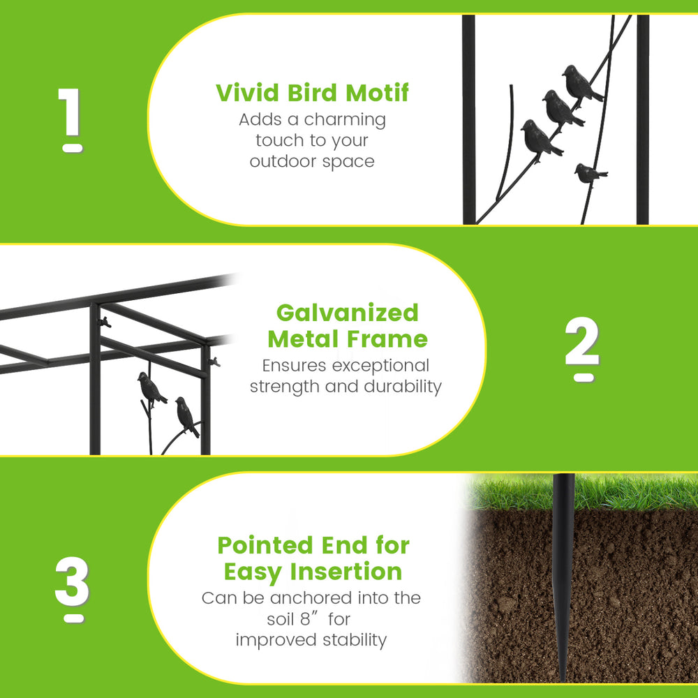 Garden arbor feeding station with vivid bird motif, galvanized metal frame, and multifunctional hooks for outdoor use.