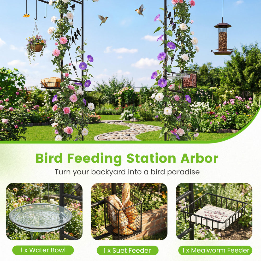 84-inch black garden arbor feeding station with water bowl and mesh tray, perfect for attracting birds and supporting climbing plants.