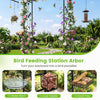84-inch black garden arbor feeding station with water bowl, mesh tray, and multifunctional hooks for outdoor birdwatching.
