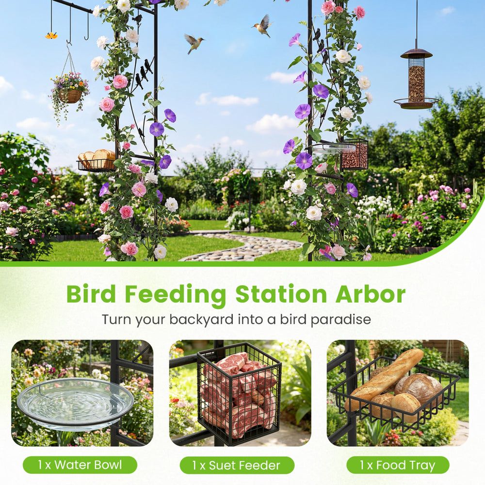 84-inch black garden arbor feeding station with water bowl, mesh tray, and multifunctional hooks for outdoor birdwatching.