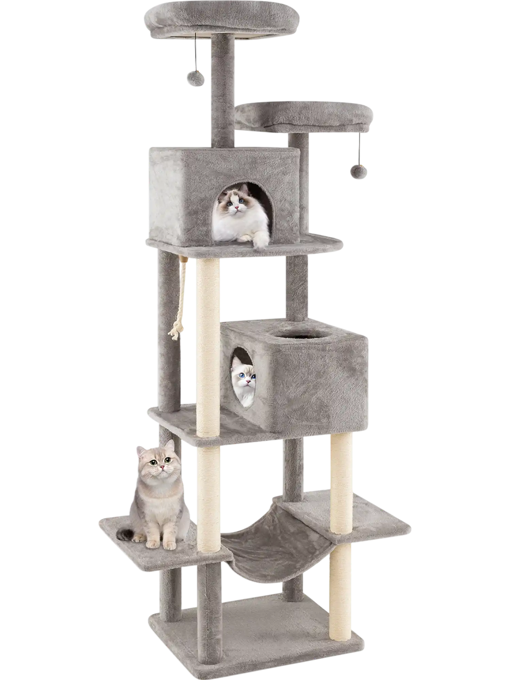 Large gray cat tree with 2 condos, 2 plush perches, and scratching posts for indoor cats to play and relax.