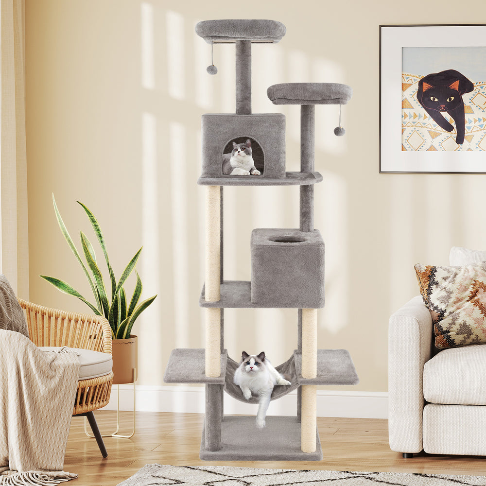 Large 84-inch gray cat tree with 2 condos, 2 plush perches, and a cozy hammock for indoor cats.
