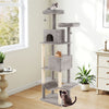 Large gray cat tree with 2 condos, 2 plush perches, and scratching posts for indoor cats, accommodating up to 5 cats.