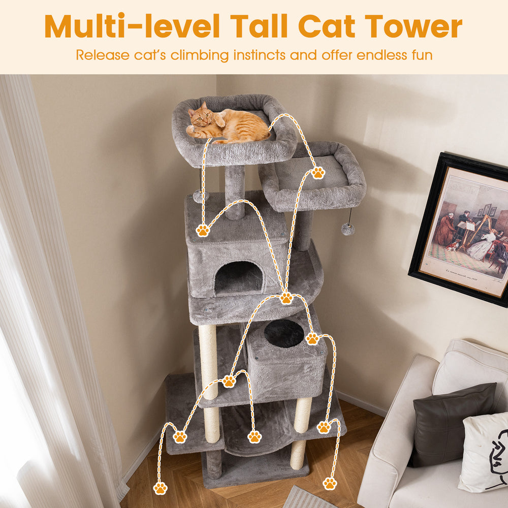 Multi-level tall cat tower in gray with 2 condos and 2 plush perches, perfect for indoor cats to climb and relax.