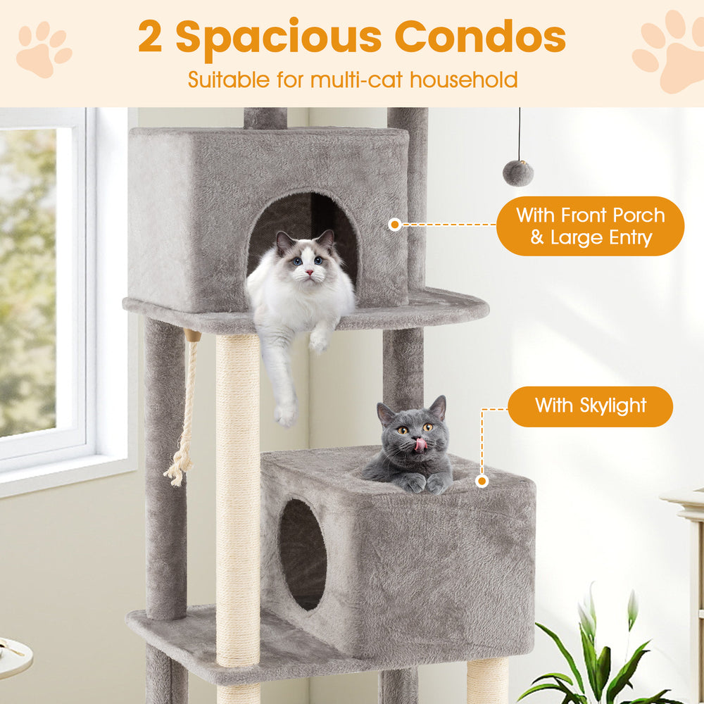 Large 84-inch gray cat tree with two condos, soft perches, and scratching posts for multi-cat households.
