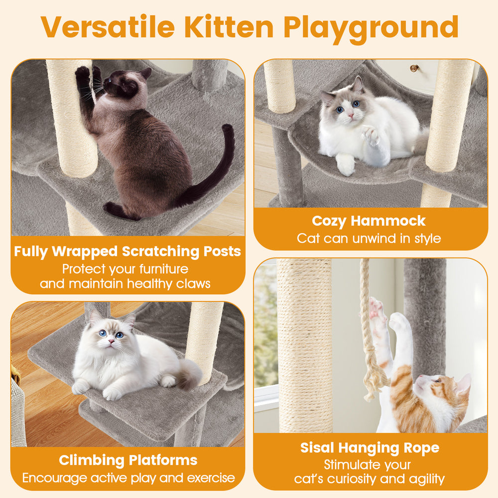 Cozy hammock and plush perches on a 84-inch large gray cat tree, perfect for indoor cats to relax and play.