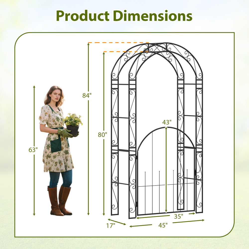 84-inch tall metal garden arch with gate, featuring elegant patterns and dimensions for versatile outdoor use.