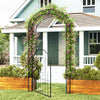 84-inch tall metal garden arch with gate, featuring elegant patterns and climbing trellises for vertical plant growth.