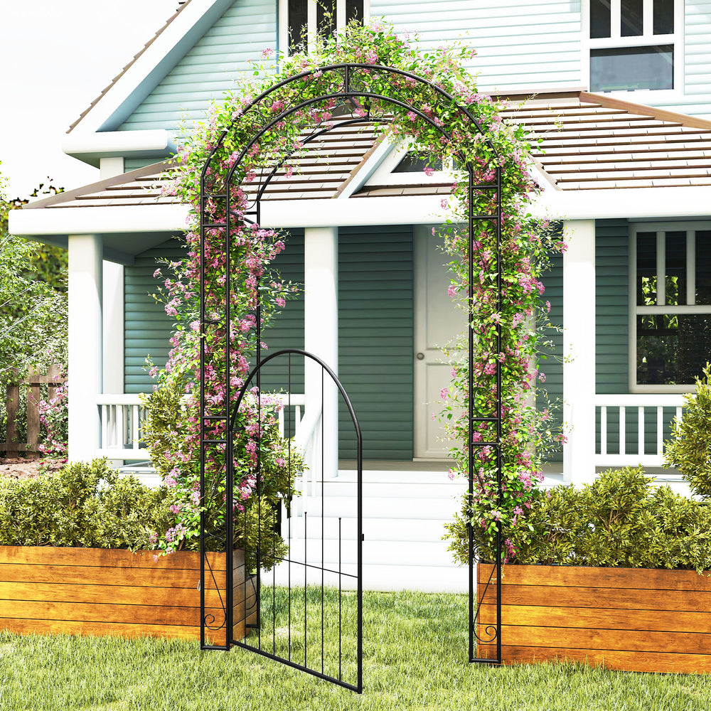 84-inch tall metal garden arch with gate, featuring elegant patterns and climbing trellises for vertical plant growth.