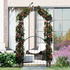 84-inch tall metal garden arch with gate, showcasing an arched design and vibrant flowers, perfect for enhancing.