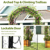84-inch tall metal garden arch with lockable door, arched top, and climbing trellises for elegant plant support.