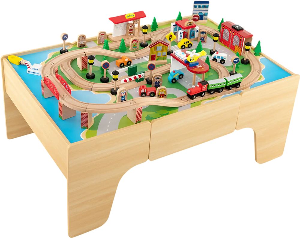 Wooden train and activity table with reversible top, featuring 84 pieces for imaginative play and learning in a.