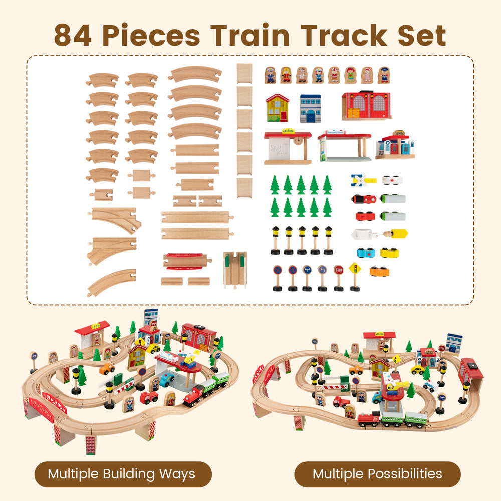 84-piece wooden train set with reversible tabletop, ideal for play and learning in playrooms or classrooms.
