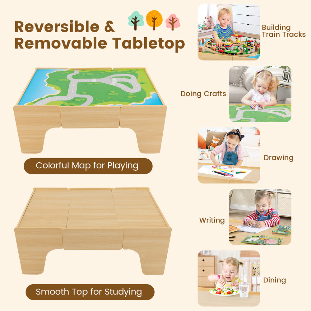Wooden train and activity table with reversible top, ideal for play and study, featuring a colorful map and smooth.