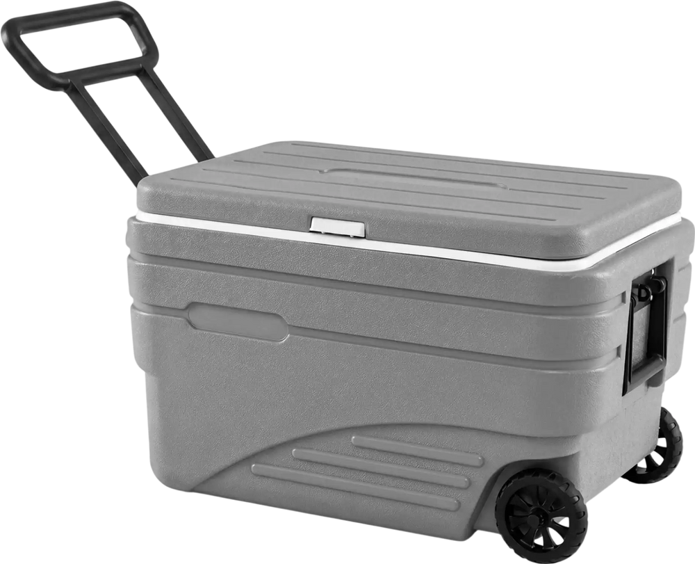 Portable 84 Quart wheeled ice cooler in gray features a foldable pull handle and durable HDPE hard shell for easy transport.