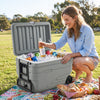 Portable 84 Quart wheeled ice cooler in gray with drinks and ice, perfect for outdoor picnics and gatherings.