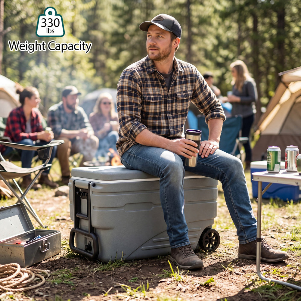 Portable 84 Quart wheeled ice cooler in gray with foldable handle, designed for easy transport and ice retention.