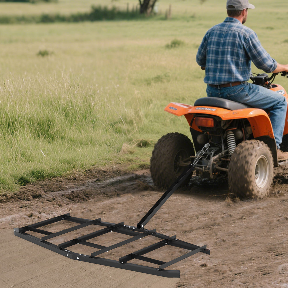 84-inch wide driveway drag tow behind landscape leveling rake, black, designed for UTVs and ATVs, ideal for gardens and.